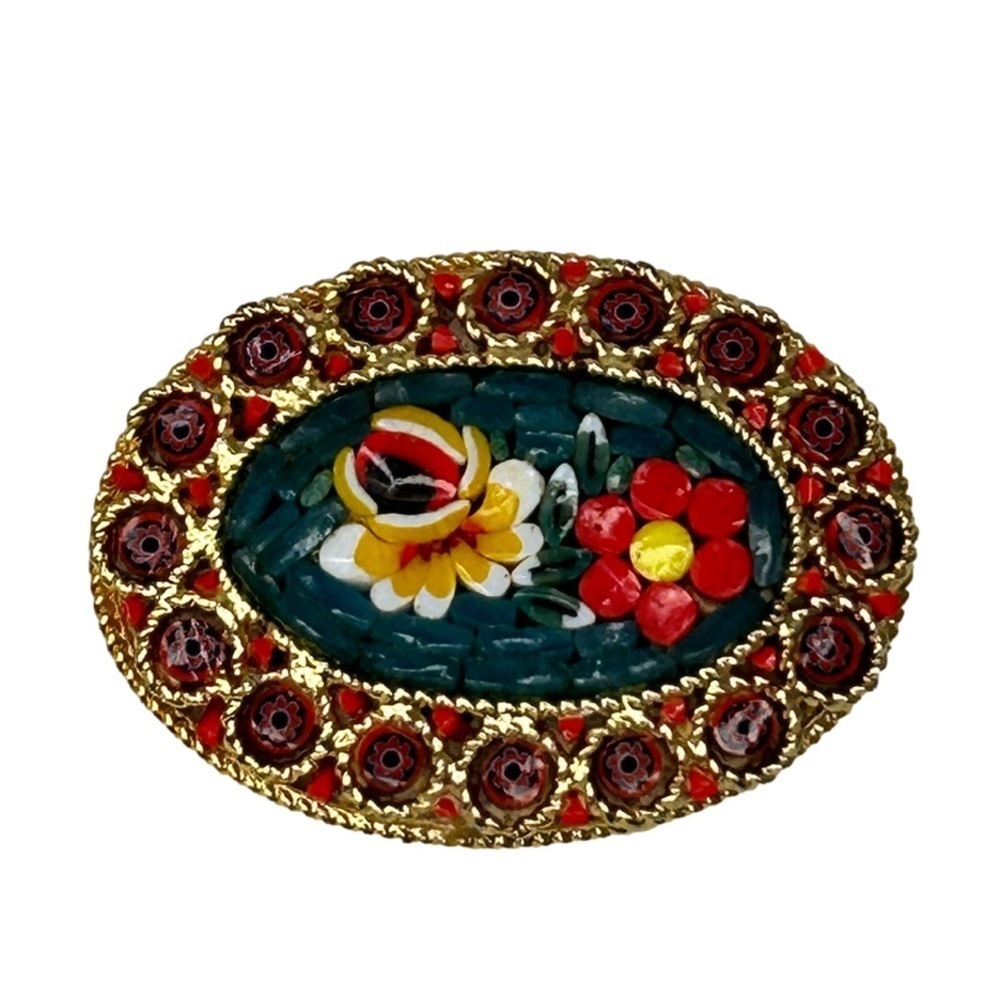Vintage Italian Oval Micro Mosaic Brooch Pin